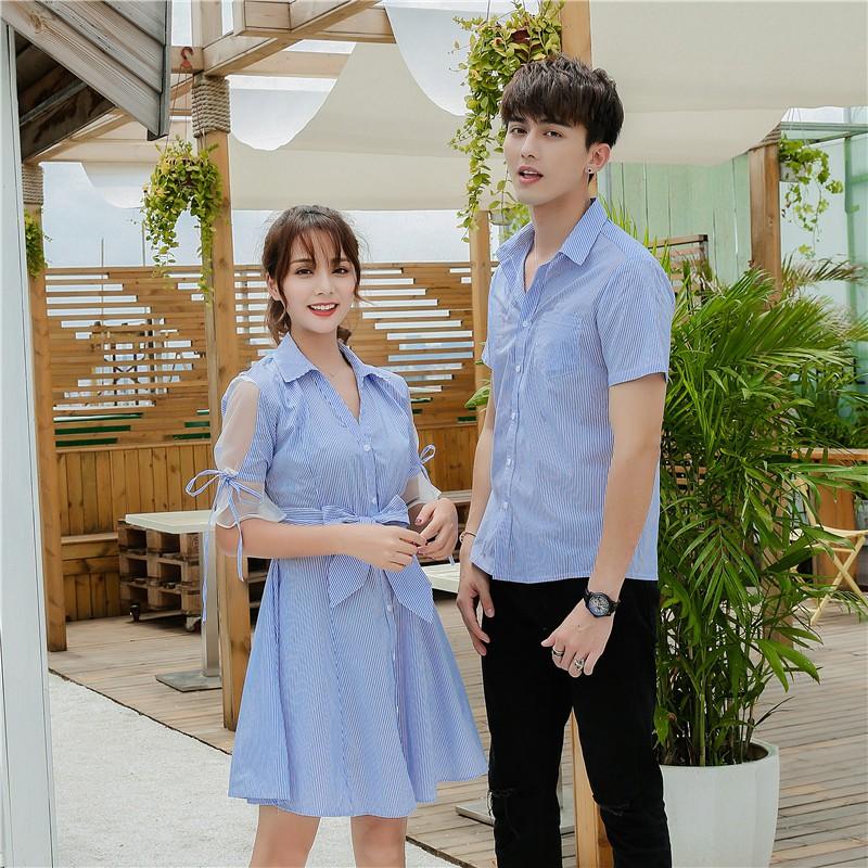 Áo đôi áo cặp áo đôi váy sơ mi nam nữ chụp cưới đi biển màu xanh - AV14