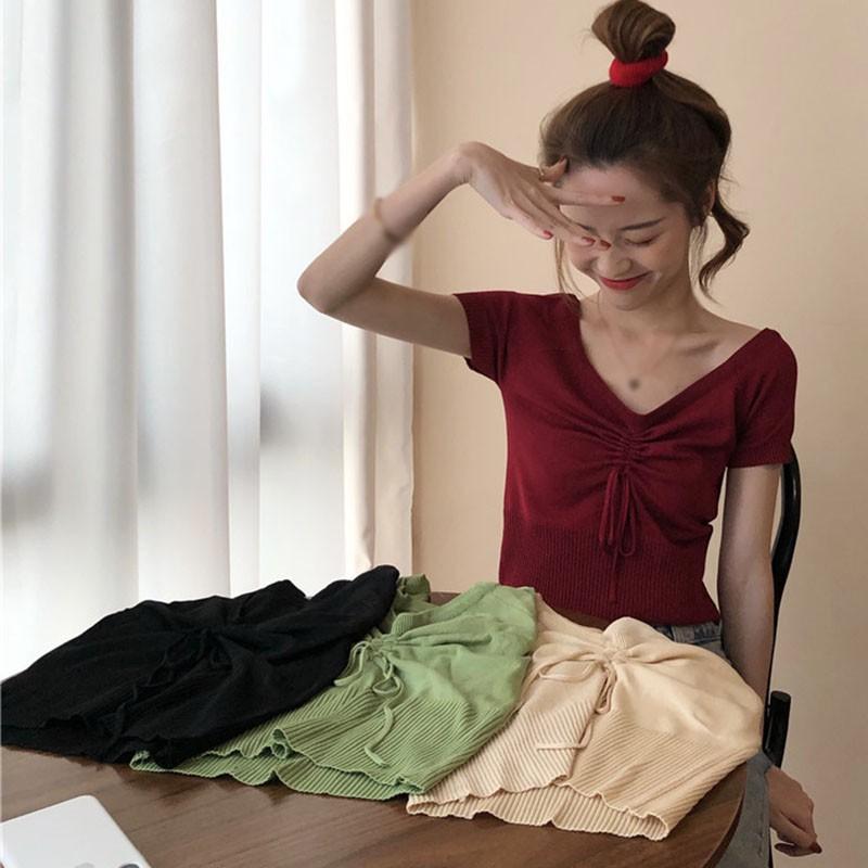 Áo Thun Dệt Kim Tay Ngắn Cổ Chữ V Thời Trang Cho Nữ