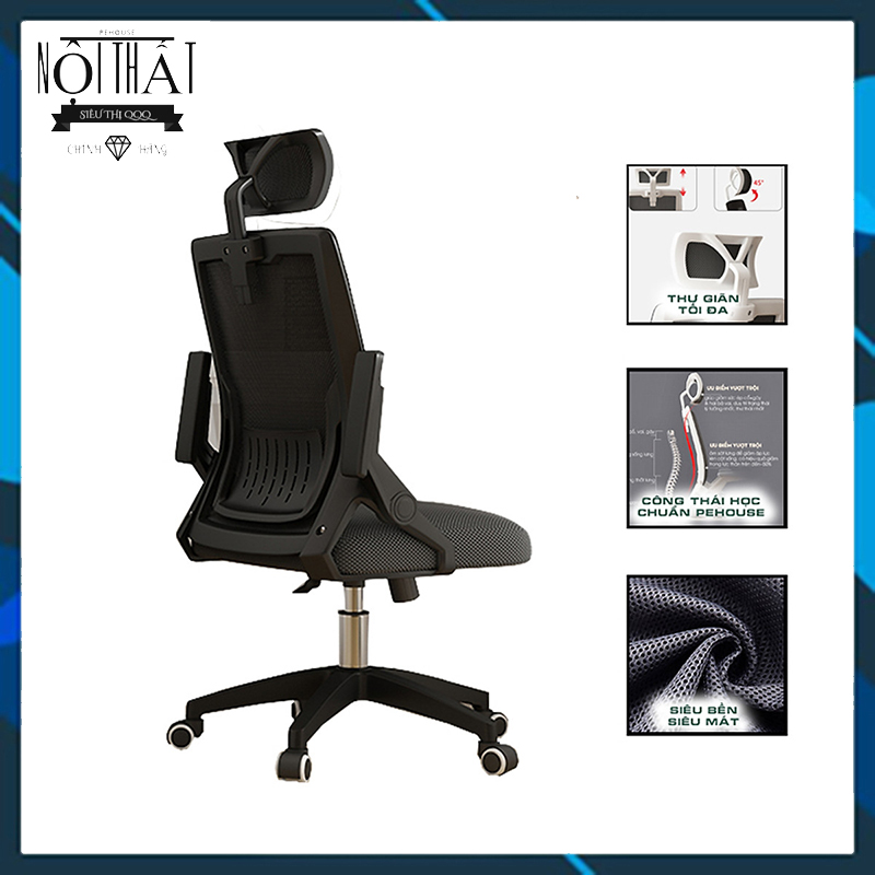Ghế xoay văn phòng lưng lưới điều chỉnh độ cao có tựa lưng tựa đầu ghế ngồi làm việc công thái học QQQ shop - Hàng chính hãng