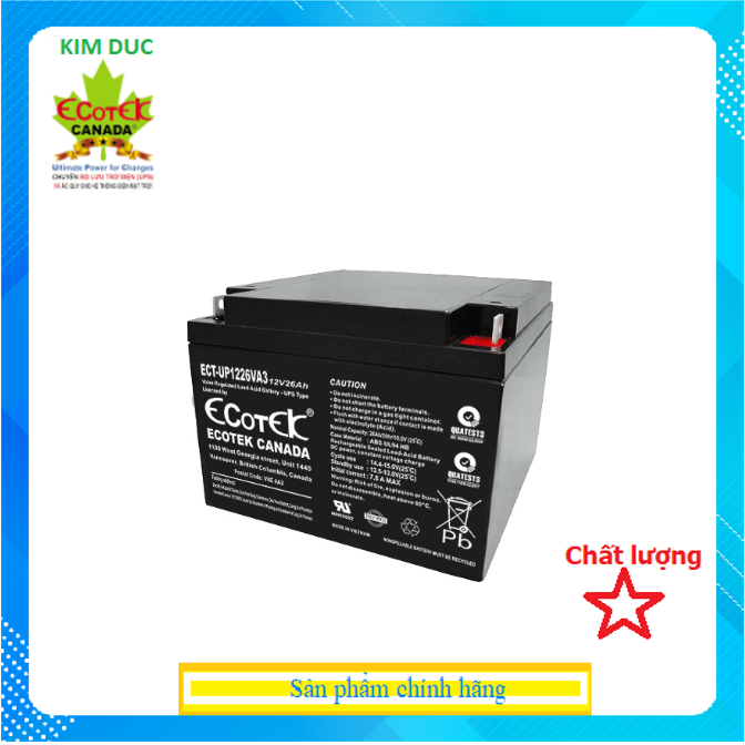 Ắc quy ECOTEK, ECT-UP1226VA3,12V26AH - Dùng cho Bộ Lưu Điện - Hàng Chính Hãng