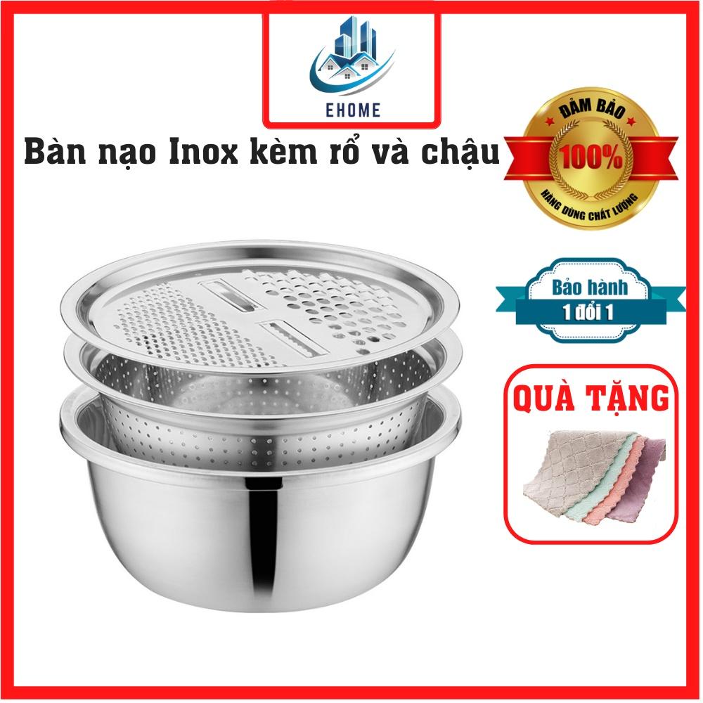 Bộ rổ nạo củ quả inox đa năng nạo sợi dừa kèm chậu và rổ inox size lớn