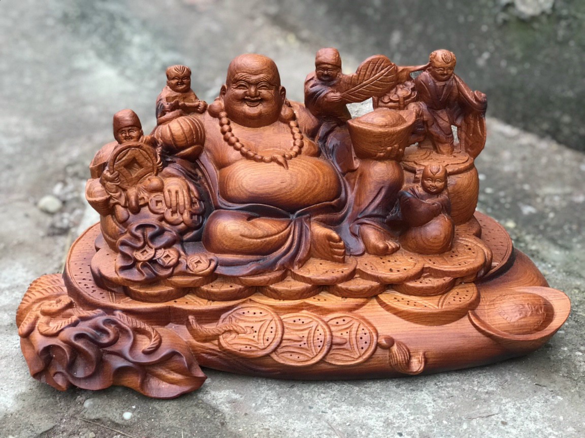 Tượng phật di lặc ngũ phúc bằng gỗ hương đá tô làm mầu giả cổ kt 40×20×20cm