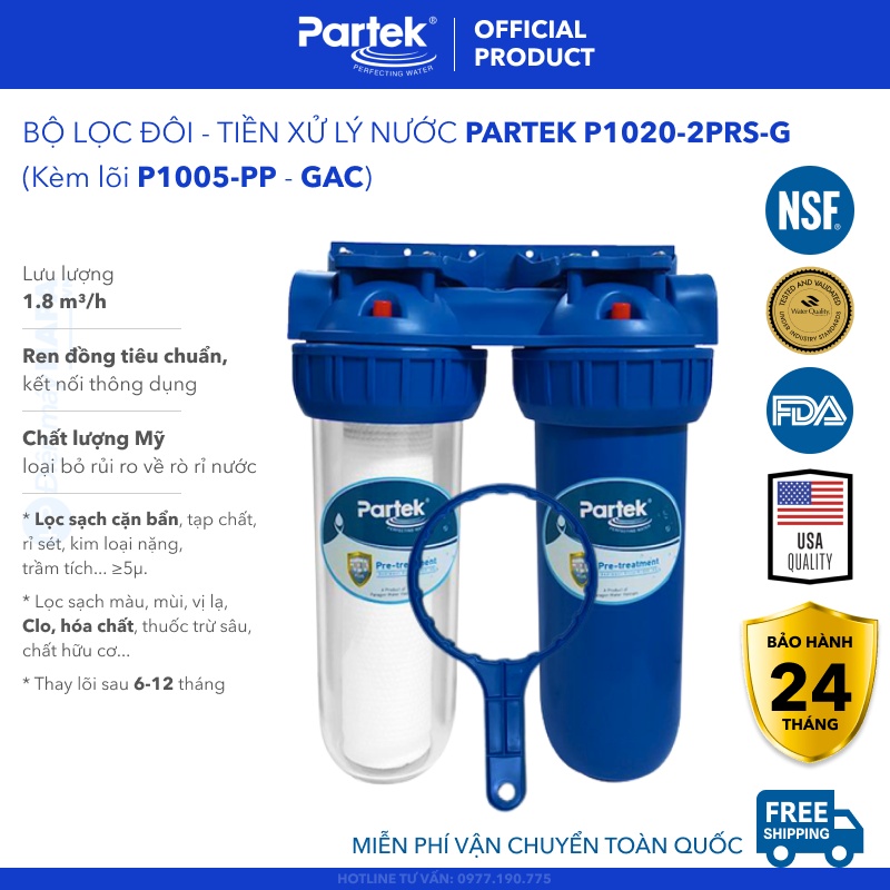 Bộ Lọc Nước Sinh Hoạt PARTEK P1020-2PRS Series Cao Cấp 10 inch, Công Nghệ Mỹ Chuẩn NSF - Hàng Chính Hãng - Pre-treatment Không Dùng Điện, Bộ Đôi Lọc Nước Sinh Hoạt Sediment Filter 5 Micron