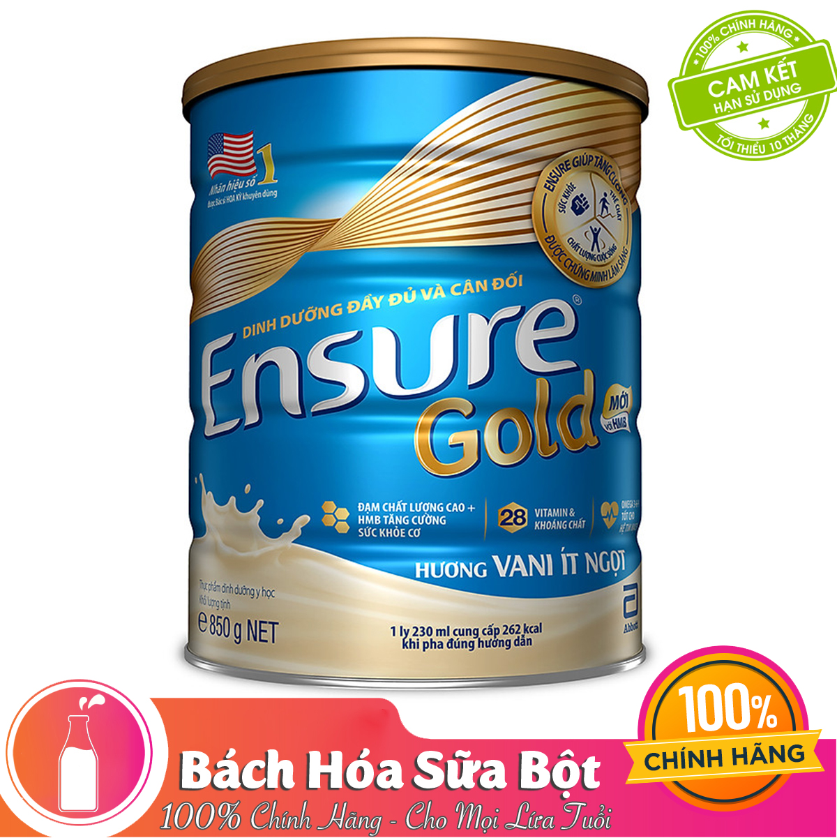 Thực phẩm dinh dưỡng y học: Ensure Gold hương vani ít ngọt 850g