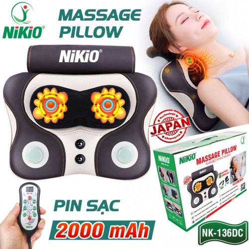 Máy (Gối) Massage Đấm Bóp Cổ Vai Gáy Nikio NK-136AC - Con Lăn 3D Xoa Bóp Chuyên Sâu Kết Hợp Hồng Ngoại Trị Liệu Đau Mỏi Cổ, Hỗ Trợ Mát Xa Lưng - Tặng Kèm Cáp Dùng Trên Ô Tô