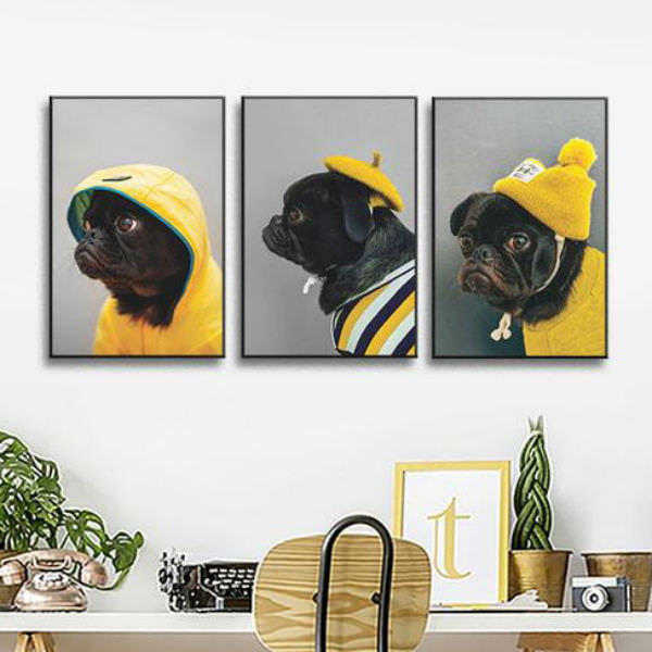 Bộ 3 Tranh Ép Gỗ MDF Treo Tường Hình Thú "Pug Đen Mũ Vàng" W510