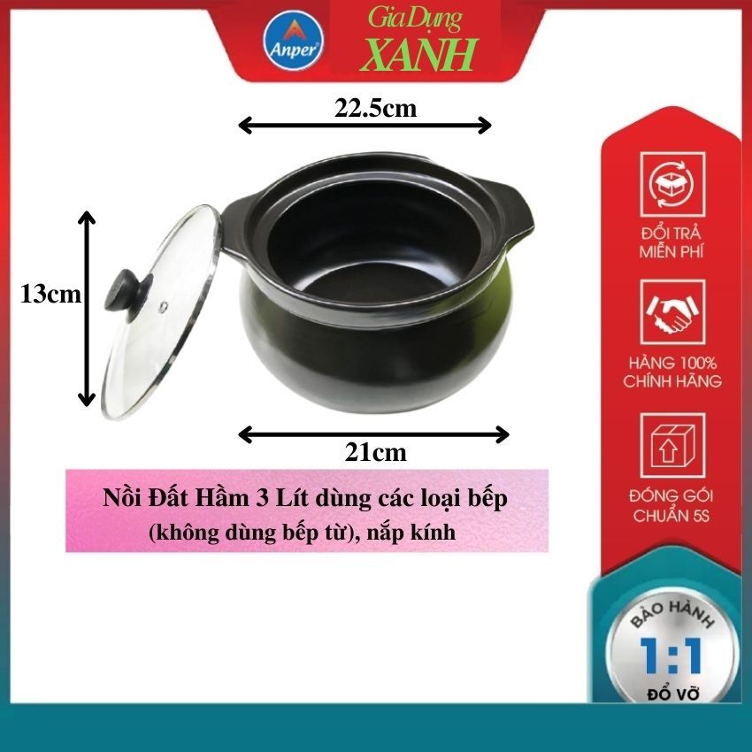 Nồi đất ấm đất kiểu Hàn Quốc Loại sứ sâu 3L4L4L tráng men nắp thuỷ tinh (KO BẾP TỪ) nấu cháo kho cá kho thịt sắc thuốc