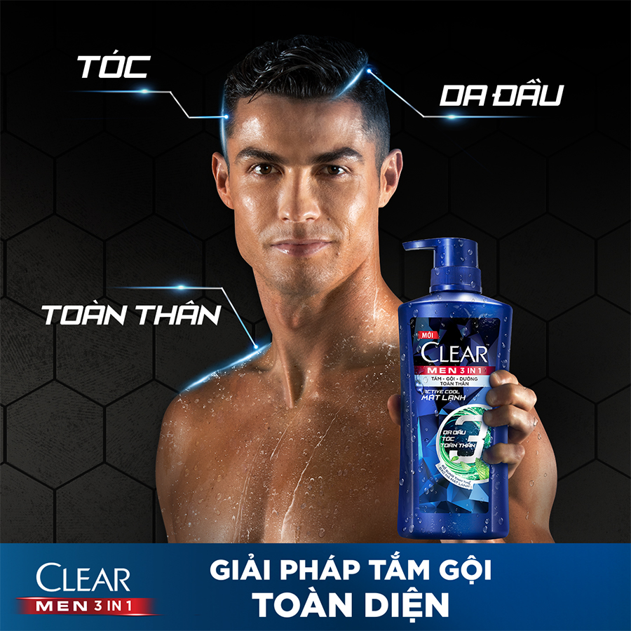 Dầu Tắm - Gội - Dưỡng Mát Lạnh 3 trong 1 cho nam 630g Clear Men Active Cool Mát Lạnh bổ sung than hoạt tính