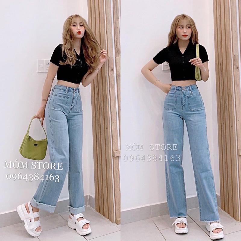 Quần Jean Culottes Lai Cắt Dáng Dài- Quần Bò Ống Suông Rộng Có Co Giản Xuất Chuẩn
