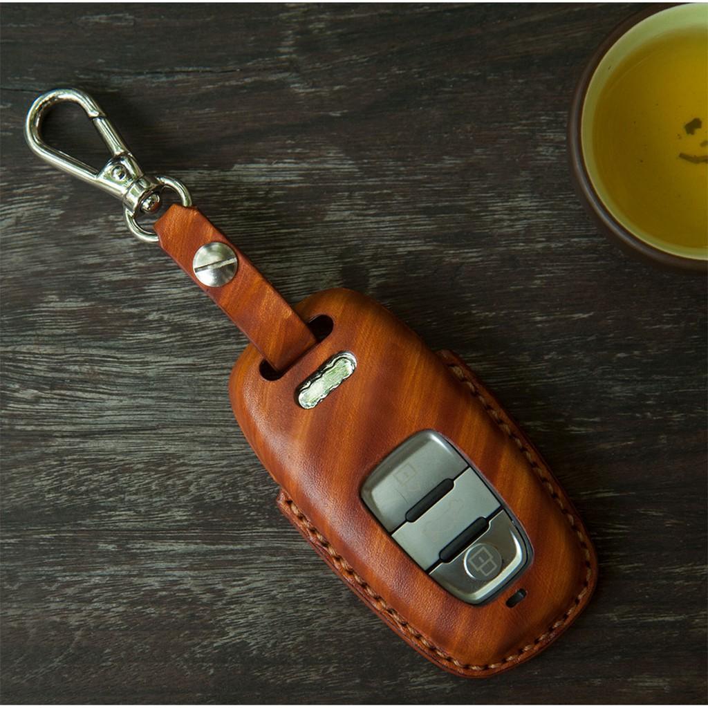Bao da chìa khóa ô tô - da bò xịn - vân gỗ nhạt - đồ da handmade DT109