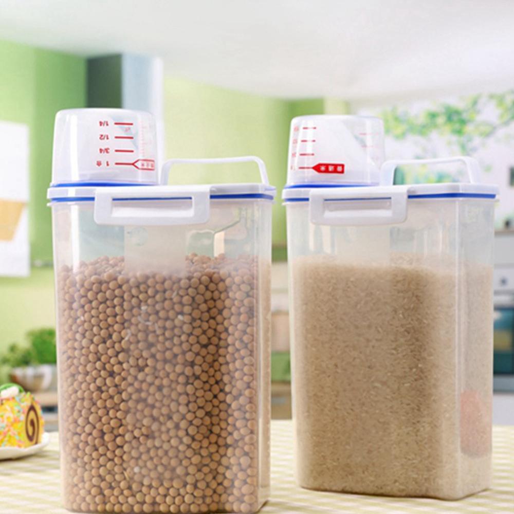 2L Rice Storage Container with Measuring Cup Transparent Sealed Food Storage Containers for Grain Cereal Soybean