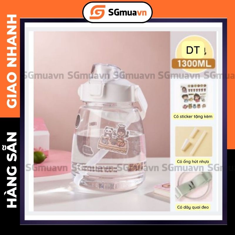 Bình nước 1.3l, bình nước thể thao nhựa trong suốt đủ màu dán sticker