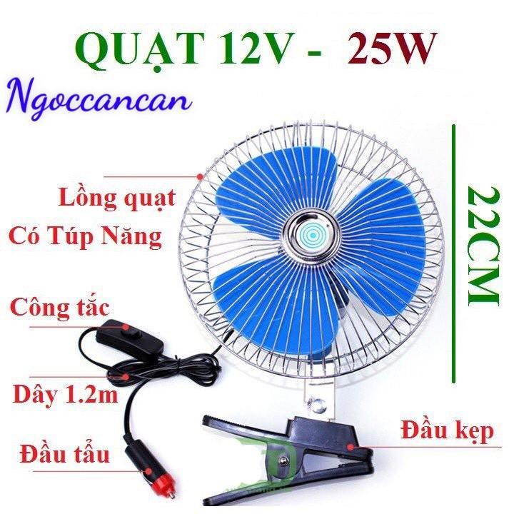 Quạt kẹp ô tô, xe tải lồng sắt 12v và 24v cánh canh đường Kính 22cm
