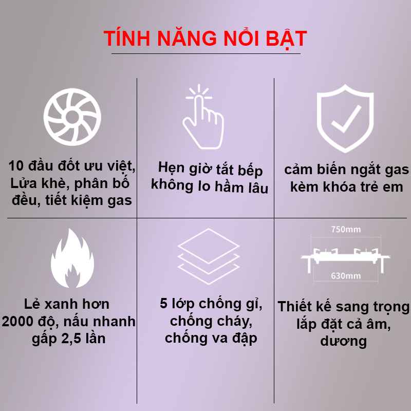 Bếp Gas Đơn 10 Đầu Đốt Hàng Chính Hãng Hiệu OLEYIN B06, Tích Hợp Hẹn Giờ, Cảm Biến Tự Ngắt Gas, Khóa An Toàn Thông Minh