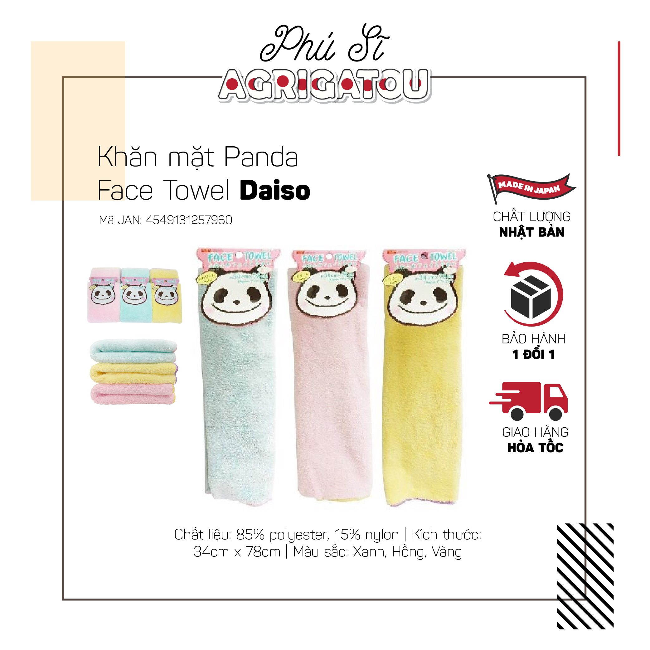 Khăn mặt Panda Face Towel Daiso 3 màu