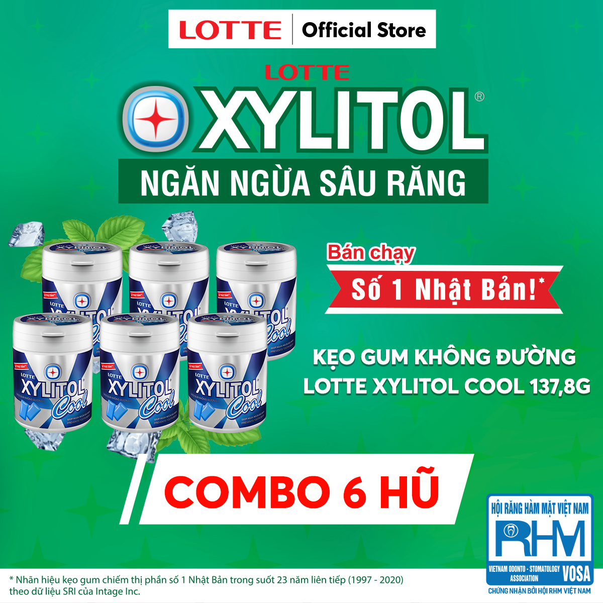 Combo 6 hũ Kẹo gum không đường Lotte Xylitol Cool 55.1 g