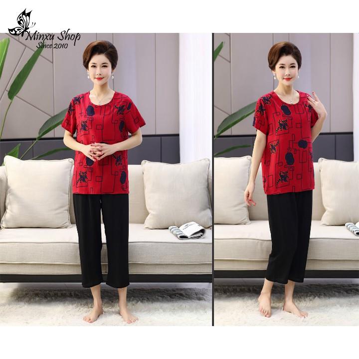 Bộ mặc nhà trung niên cách tân vải cotton lụa, áo ngắn tay quần lửng sang trong lịch sự cho bà cho mẹ (Mã N