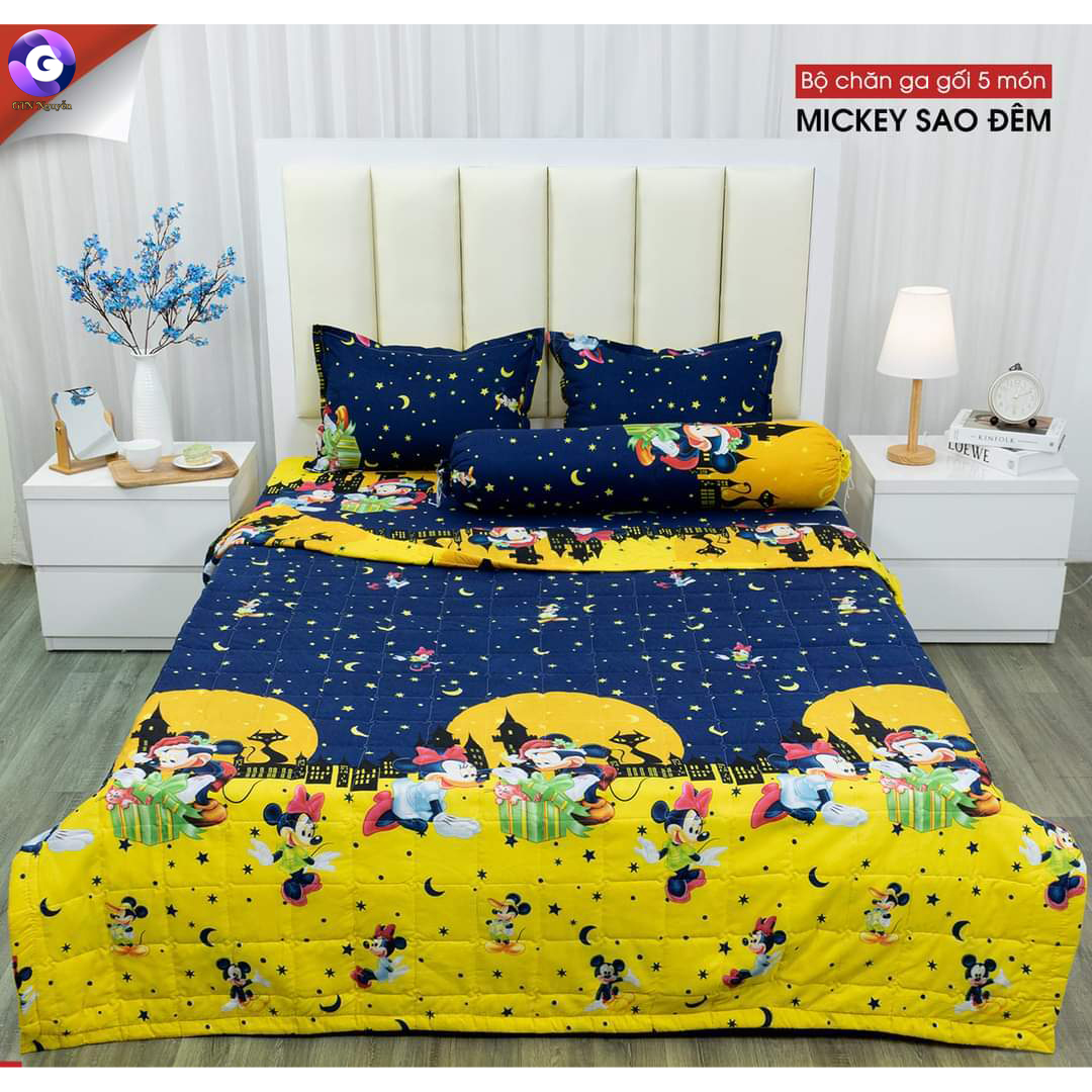 Mẫu Mới - Bộ 5 Món Chuột Sao Chăn Drap Vỏ Gối Siêu Hot - Tặng 1 Bàn Chải BOSSI