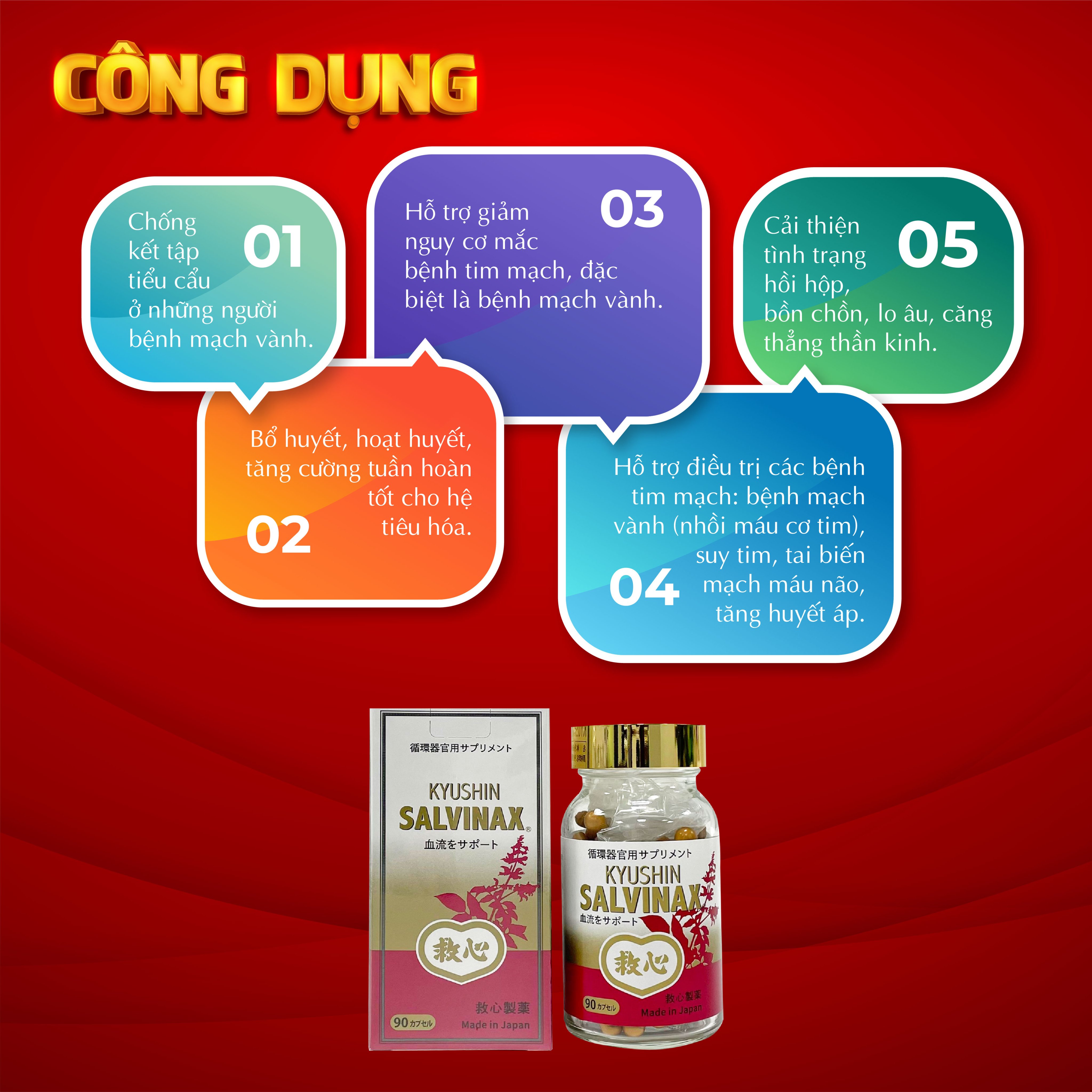 Viên Uống Bổ Tim Mạch Nhật Bản - Viên Cứu Tâm Kyushin Salvinax 90 Viên - Thực phẩm chức năng hỗ trợ bệnh tim mạch, bổ tim, tăng cường tuần hoàn máu