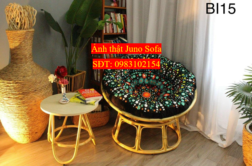 Ghế mặt trăng Papasan mây thật cao cấp Juno Sofa size 1m, Nệm hoa văn Indochine