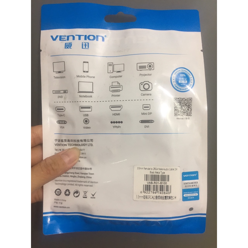 Cáp chuyển 3.5mm female ra 2 đầu RCA male Vention VAB-R01 - Hàng chính hãng