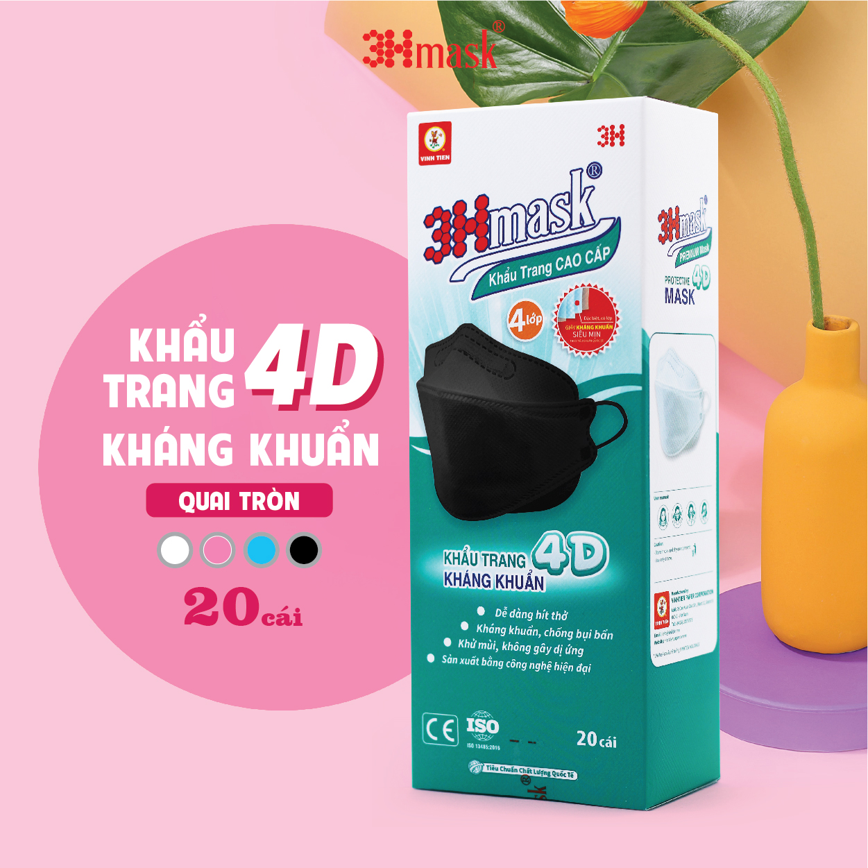 Khẩu Trang 3Hmask 4D Quai Tròn Đen (20 cái) - Kháng Khuẩn Cao Cấp ôm khít mặt, không lem son