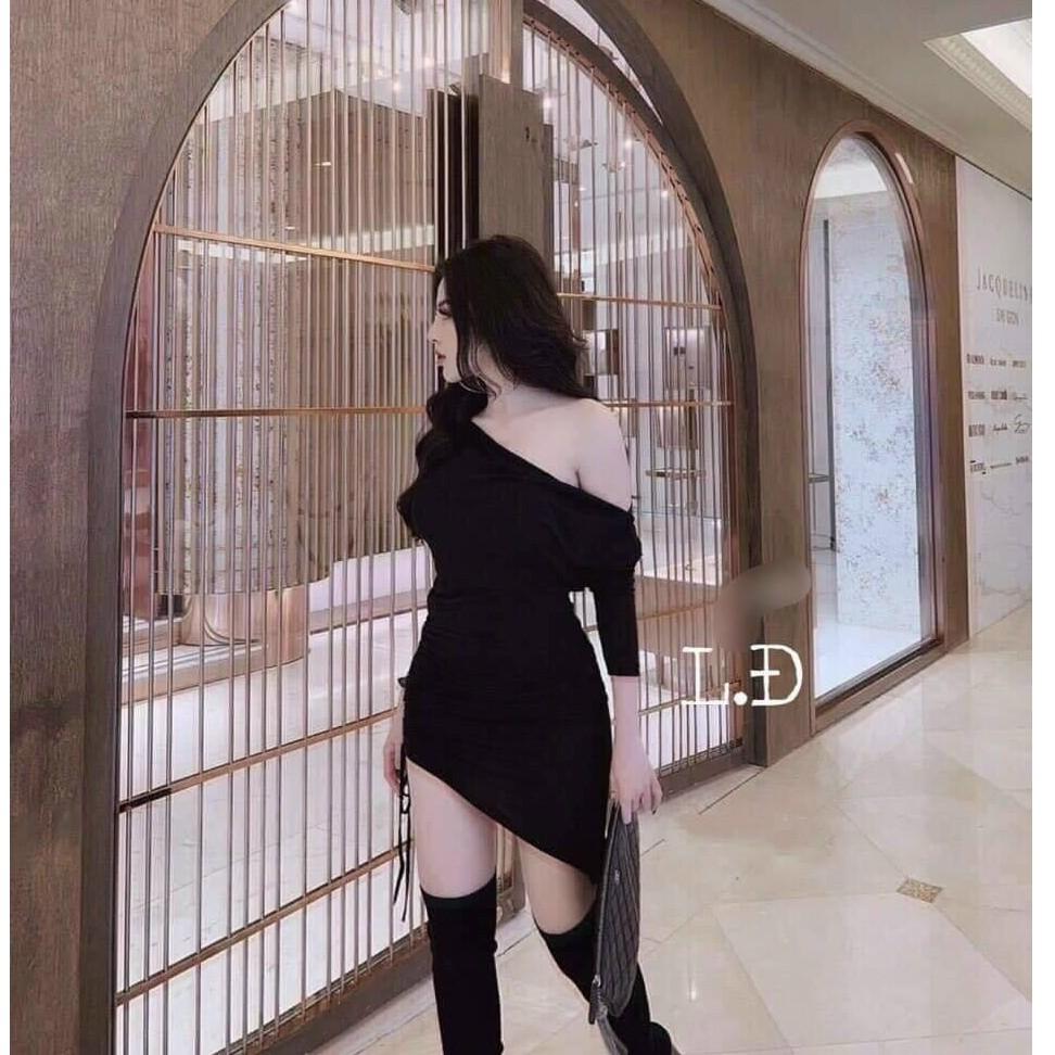 Đầm body tay dài lệch vai rút dây xịn xò