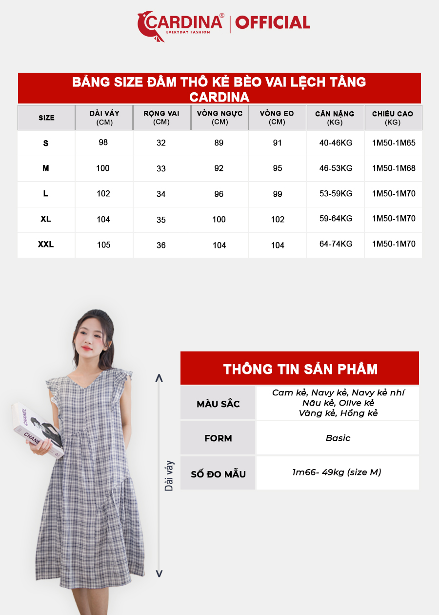 Đầm Nữ CARDINA Chất Thô Cao Cấp Dáng Suông Kẻ Bèo Vai Lệch Tầng Trẻ Trung 3VTH06