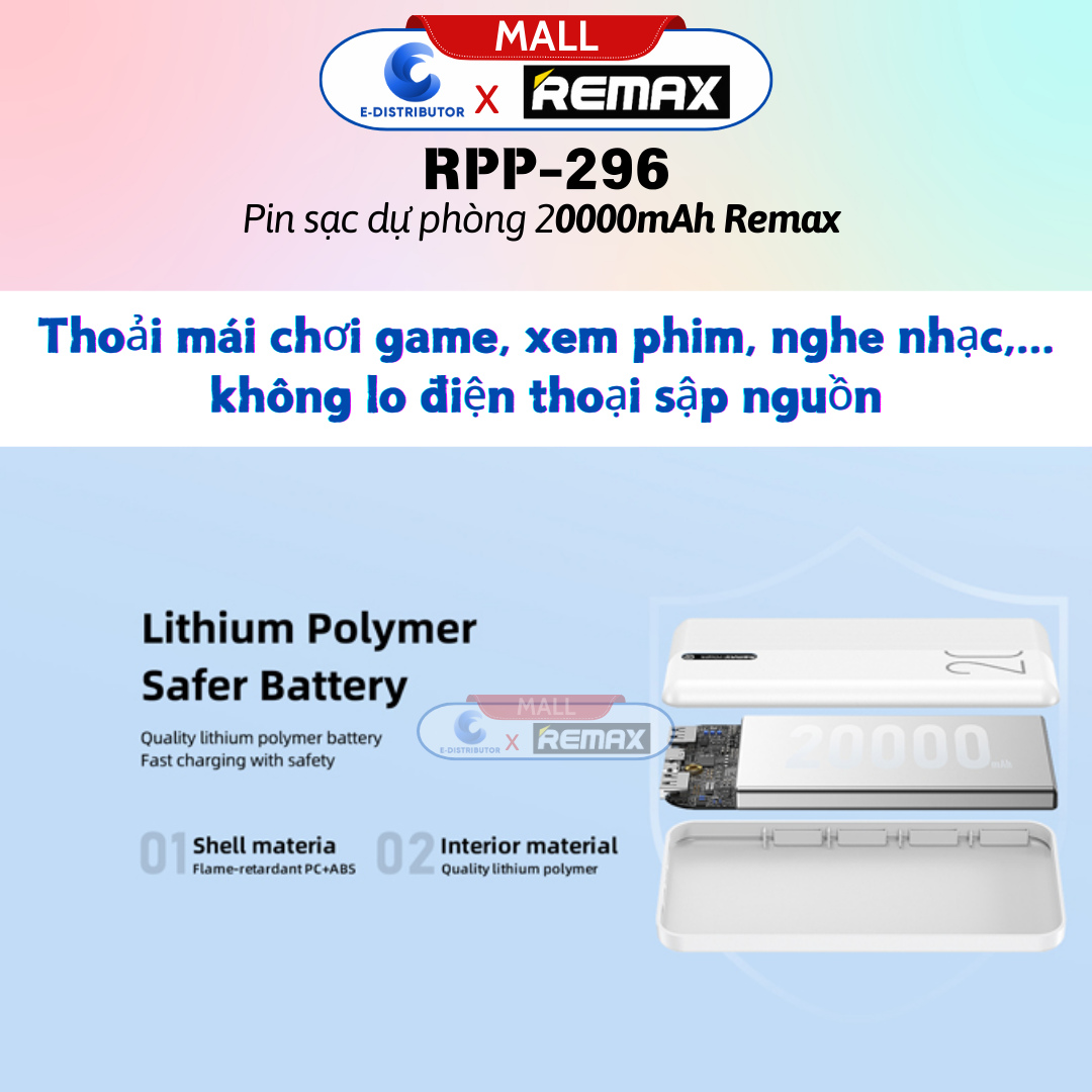 Sạc dự phòng Remax 20000mAh RPP-296 - Hàng Chính Hãng - Bảo Hành 12 Tháng