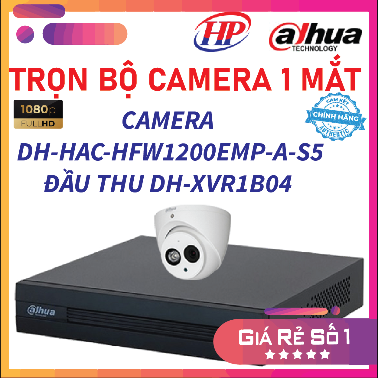 Trọn bộ 1 Camera HDCVI 2MP DAHUA DH-HAC-HDW1200EMP-A-S5 - Đầu thu 4 cổng DH-XVR1B04 đầy đủ phụ kiện, Hàng chính hãng