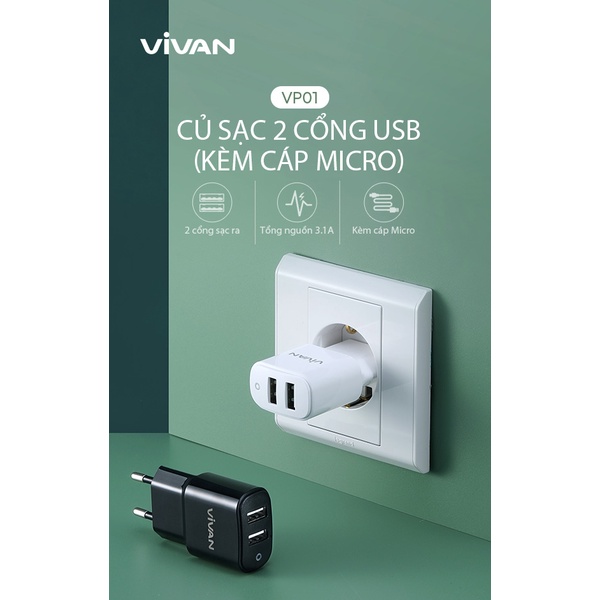 Cốc Sạc 2 cổng USB Kèm Cáp Micro VIVAN  VP01 - HÀNG CHÍNH HÃNG