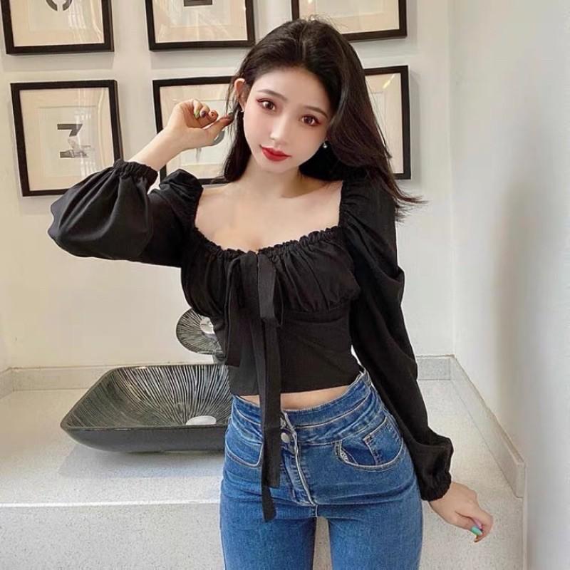 Áo sơmi thắt nơ ngực croptop bèo nhún sexy 2021