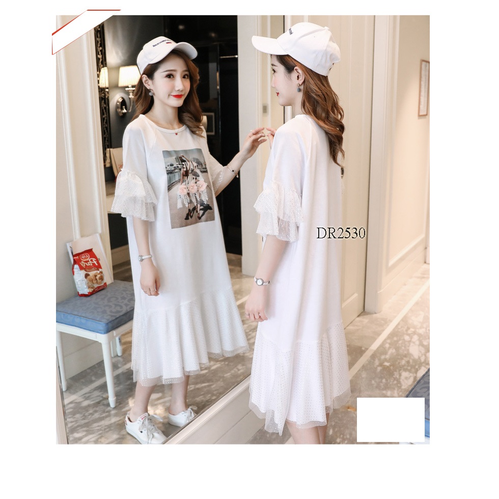 ĐẦM BẦU COTTON DÁNG DÀI ĐUÔI CÁ PHỐI VOAN ĐIỆU ĐÀ DR2530