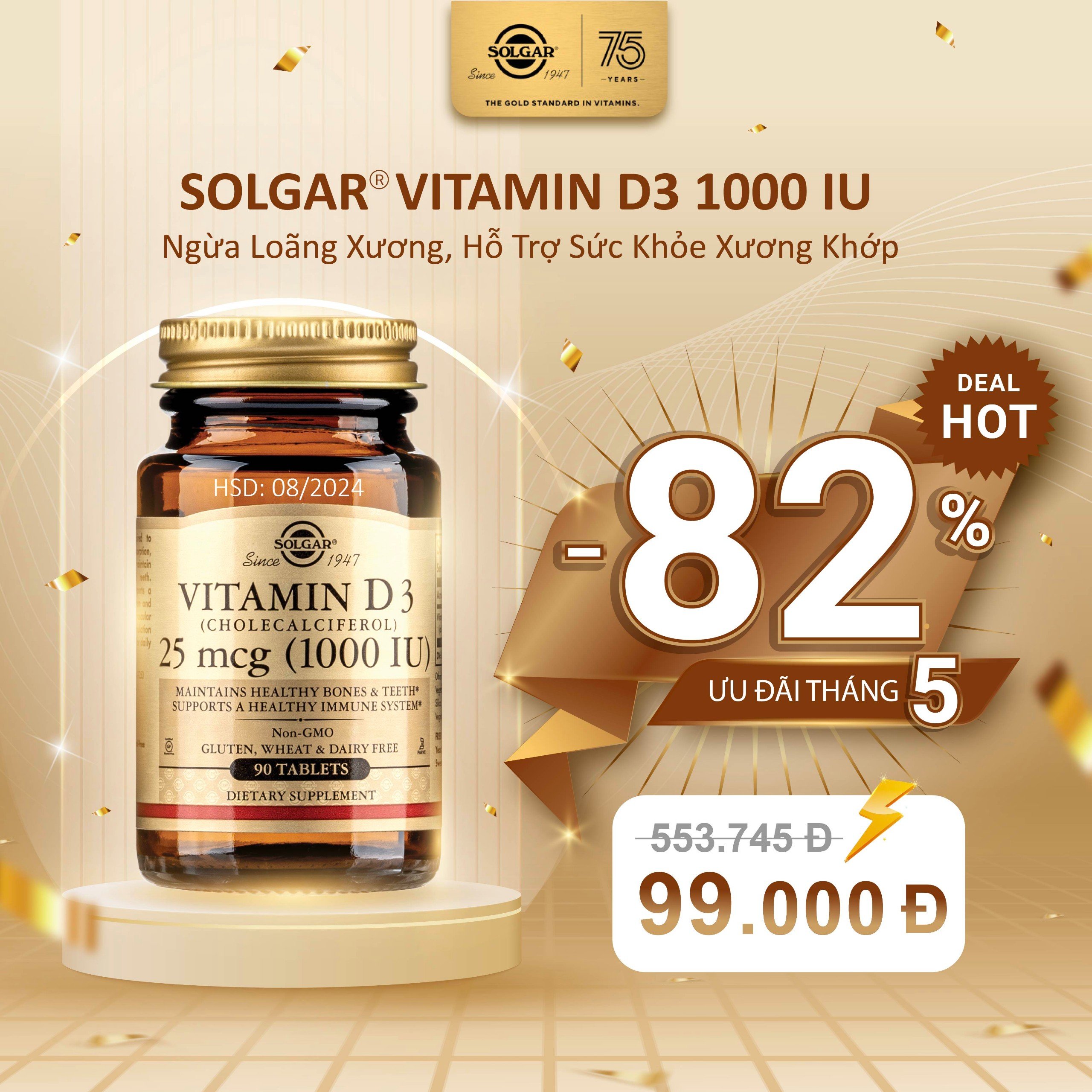 Viên uống hỗ trợ chăm sóc sức khỏe xương khớp SOLGAR Vitamin D3 1000IU
