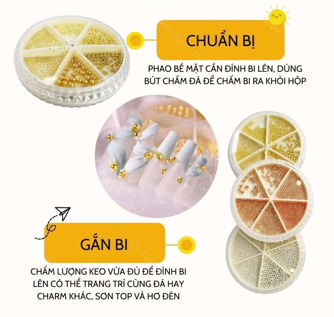 Set Bi Trang Trí Móng Kim Loại Khay Tròn 6 ngăn Mix Size