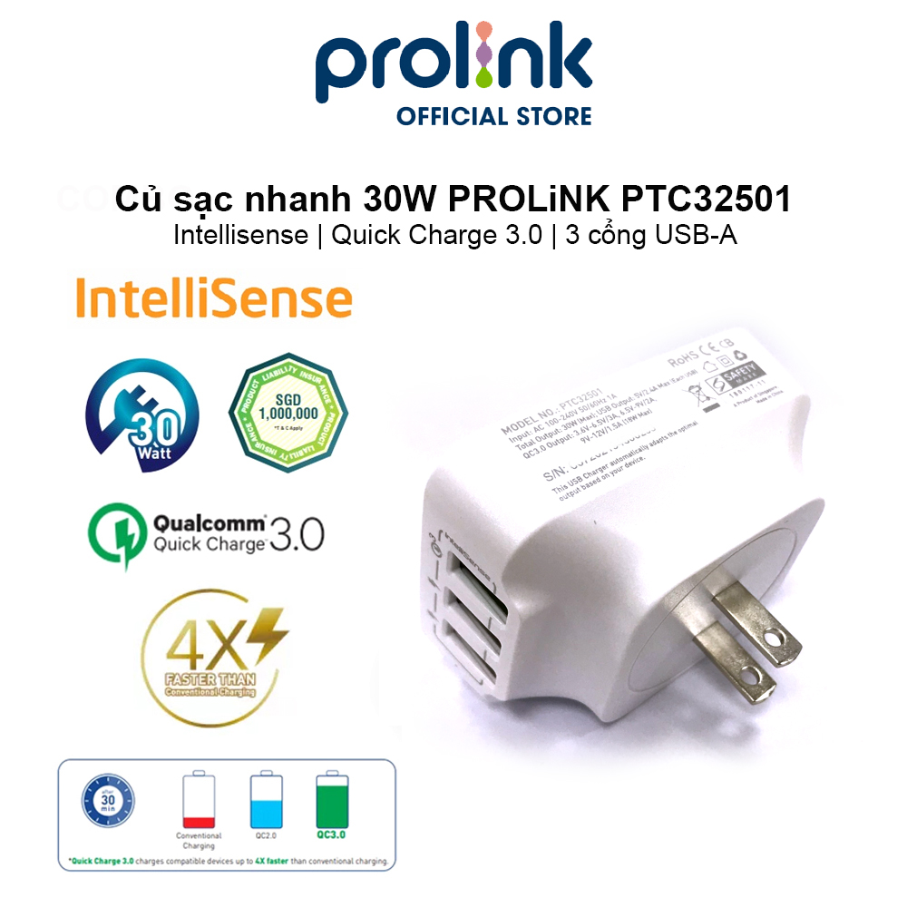 Củ sạc nhanh 3 cổng Prolink PTC32501 Quick charge 3.0 - Hàng chính hãng