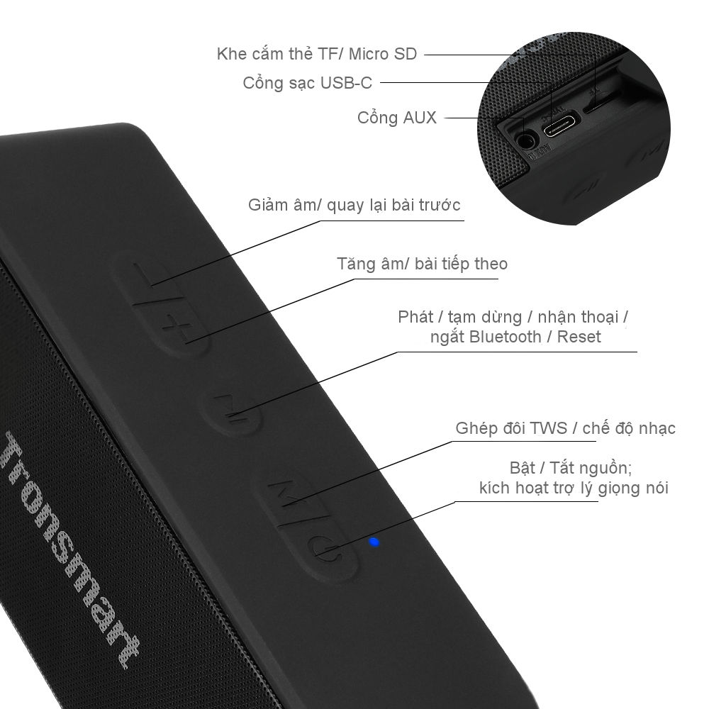 Loa Bluetooth Tronsmart Element T2 Plus Loa di động 20W, Chống nước IPX7 - Hàng Chính Hãng