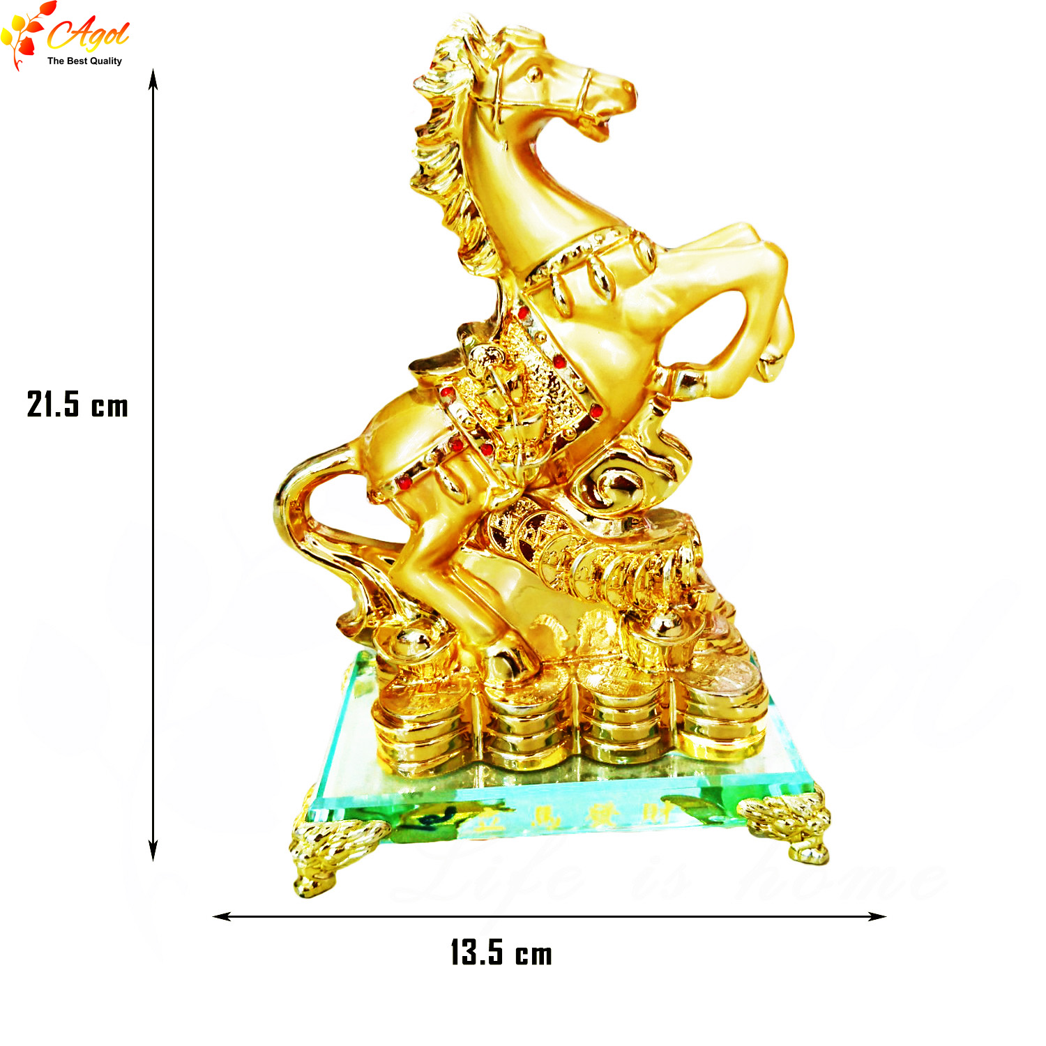 Tượng ngựa vàng phong thủy mã đáo thành công đế kính cao cấp (chiều dài 14cm * rộng 9cm * cao 21cm) - Hàng Nhập Khẩu