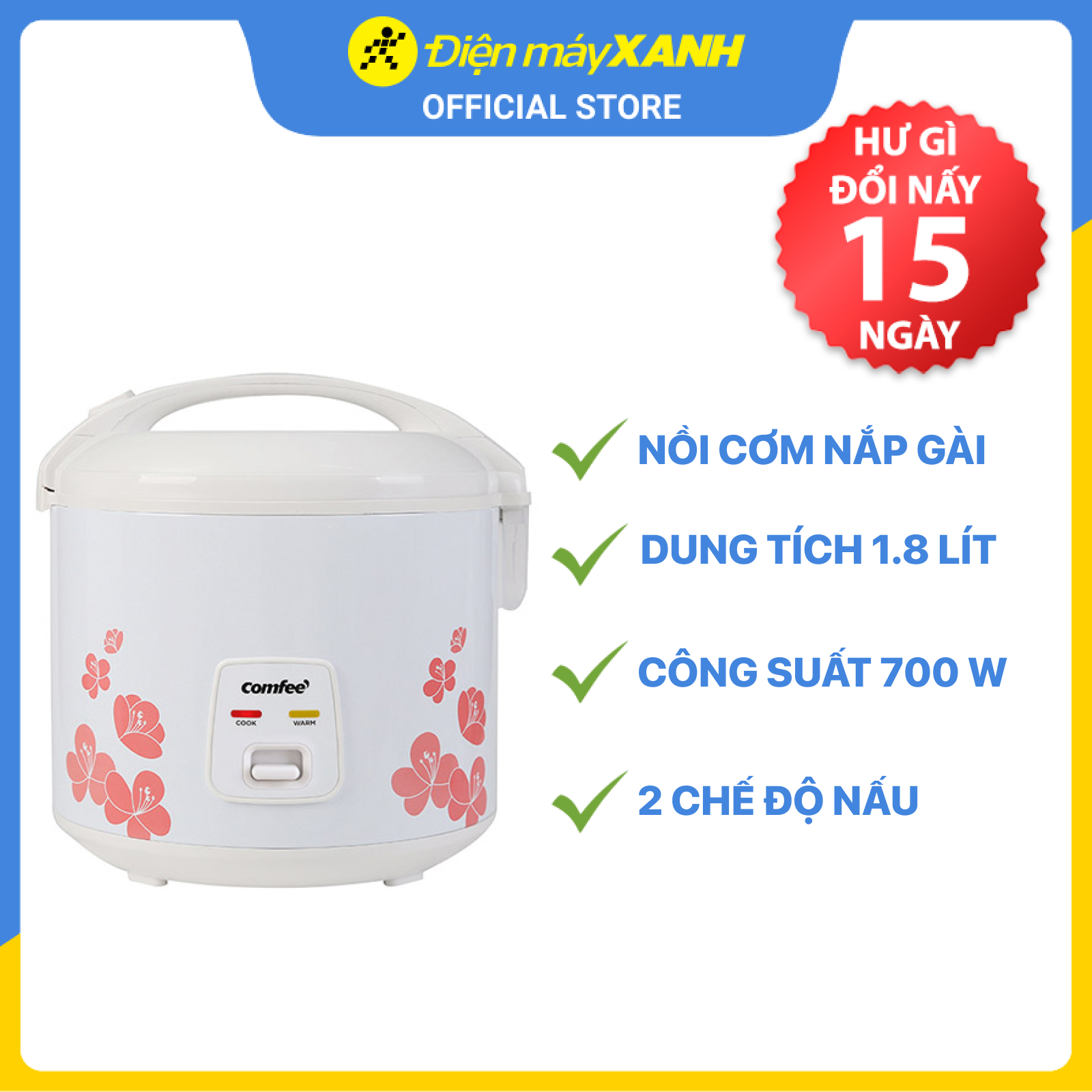 Nồi Cơm Điện Nắp Gài Comfee 1.8 Lít CR-CM1820(C) - Hàng Chính Hãng