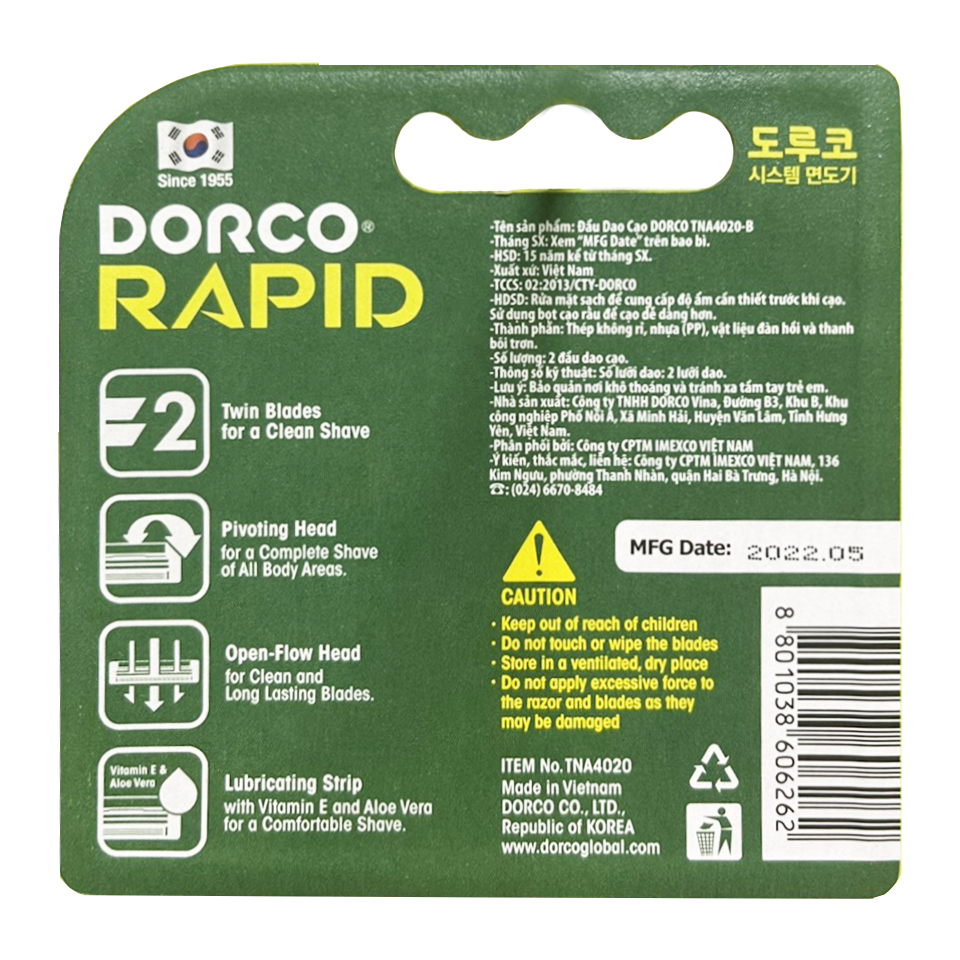 Combo Dao Cạo Râu 2 Lưỡi Và 4 Đầu Cạo Râu DORCO RAPID TNA4020-B