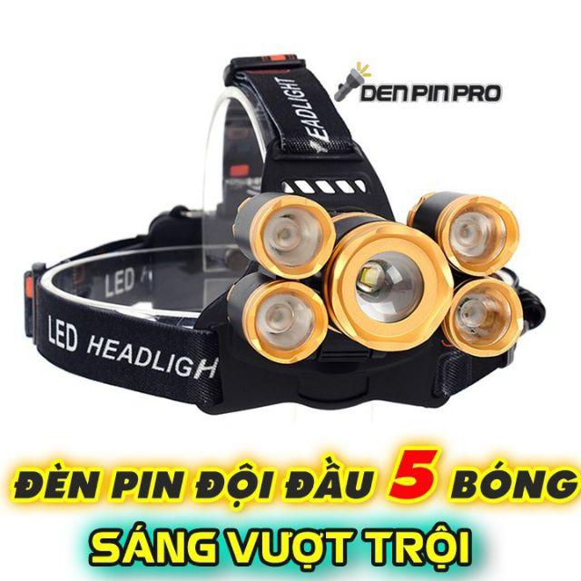 Đèn Pin Đội Đầu Đeo Trán 5 Bóng T6 Siêu Sáng Kèm Pin Sạc