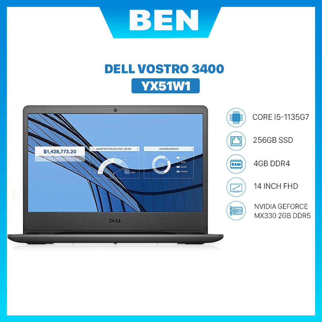 Laptop Dell Vostro 3400 YX51W1 (Core i5-1135G7/ 4GB DDR4/ 256GB SSD/ MX330 2GB/ 14 FHD/ Win10) - Hàng Chính Hãng