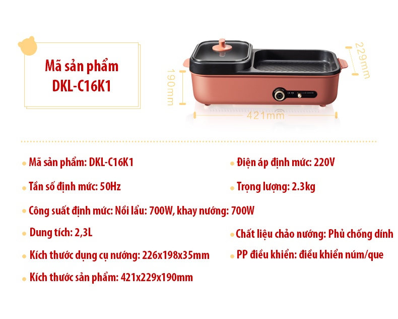 Nồi lẩu nướng 2 ngăn DKL-C15G1 3L