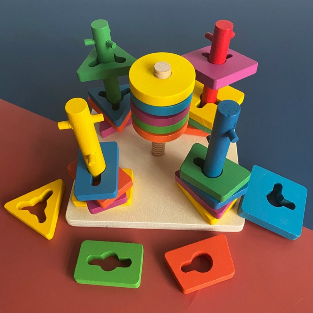 Đồ Chơi Montessori Luồn Cọc Thả Hình Zic Zac 5 Trụ Cột Khối Gỗ