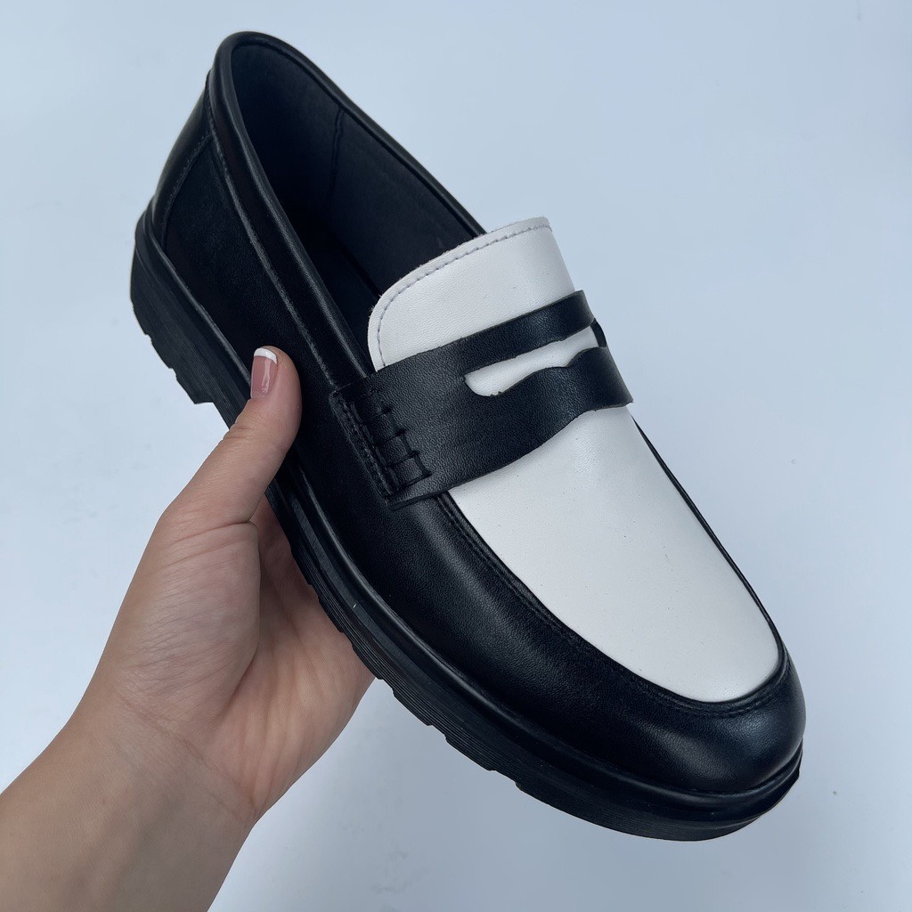 Giày penny loafer black and white, giày lười đốc, đế cao, khâu đế phối màu thời thượng