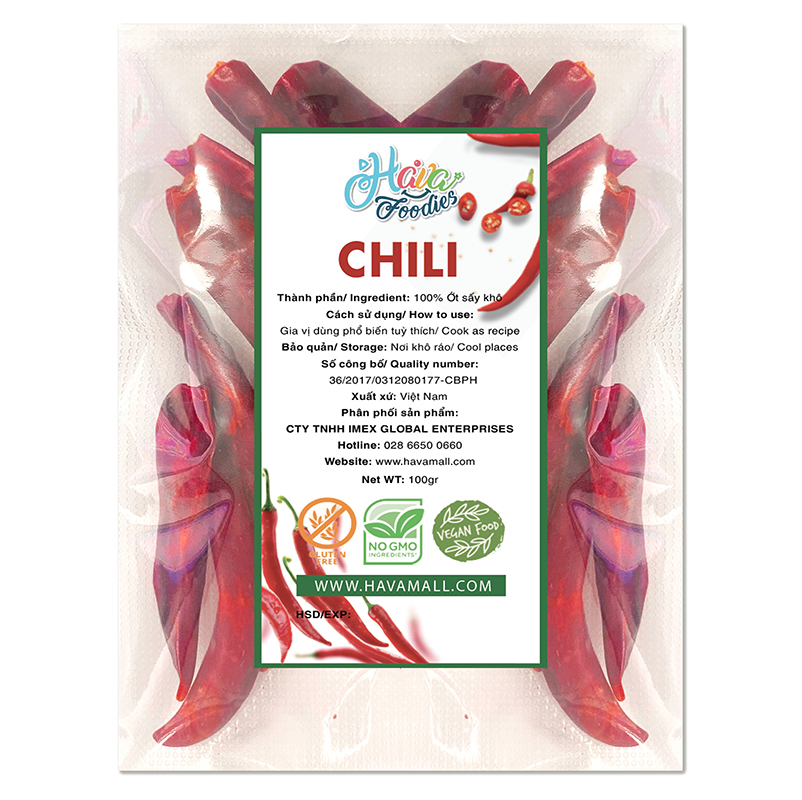 Ớt Nguyên Trái Siêu Cay Sấy Lạnh Havafoodies Gói 100g – Chili Dried