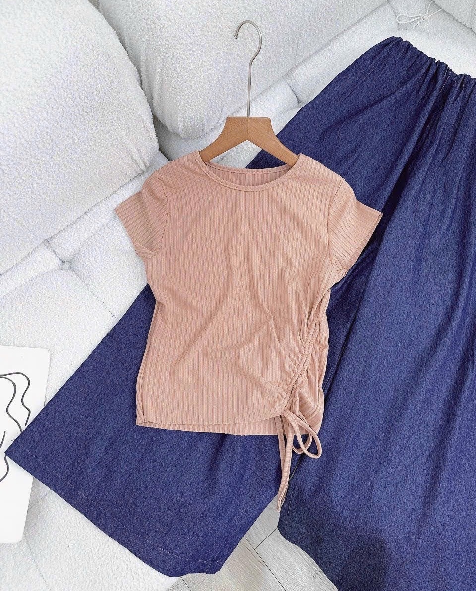 SET ÁO CROPTOP THUN DÂY RÚT TAY NGẮN + QUẦN DÀI ỐNG RỘNG LƯNG CAO SUÔNG TRƠN JEANS DẠO PHỐ ĐI CHƠI ĐI BIỂN ĐI TIỆC