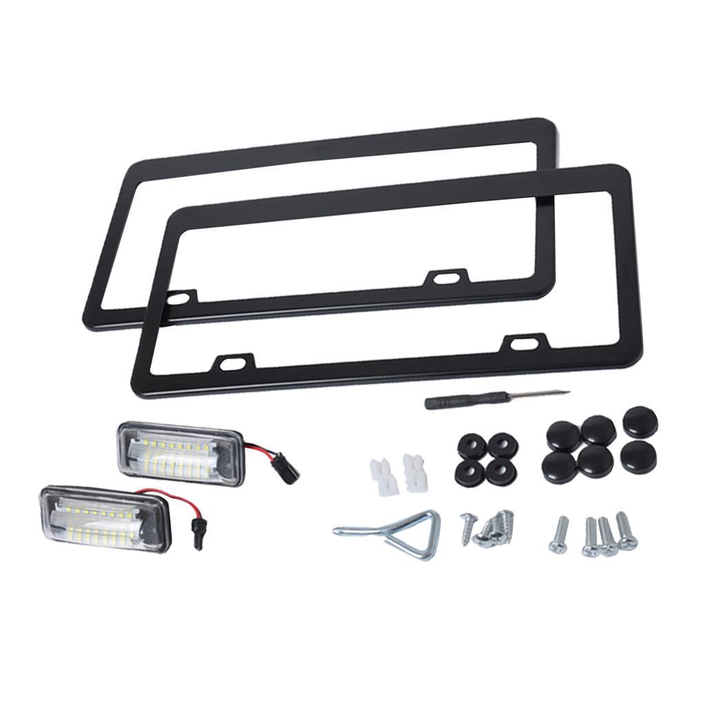 2 Pieces LED License Plate Lights+Stainless Steel Black Car License Plate Frames Set For Toyota