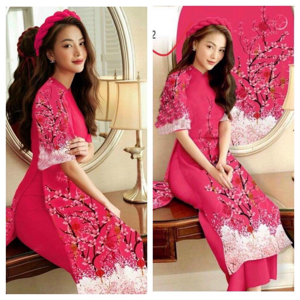 Set Bộ Áo Dài Lụa Hoa Đào Tây Hàng Thiết Kế Cực Sang Trọng Quý Phái - BY2119