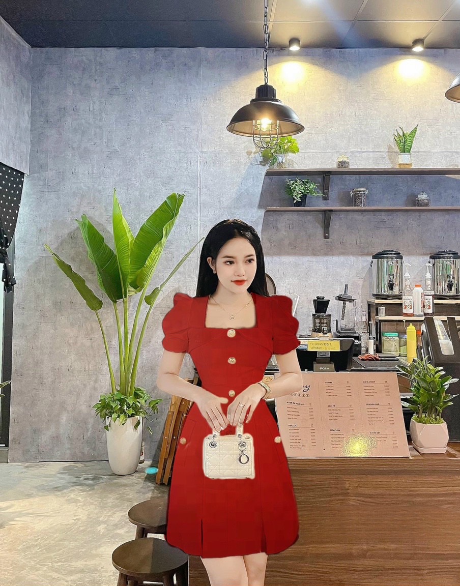 Đầm chữ a cổ vuông phối nút